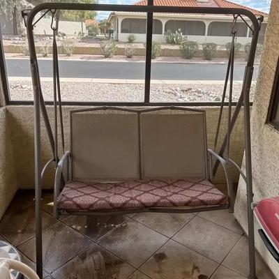 Outdoor Swinging Porch Swing With Mesh Back & Red Seat Cushion