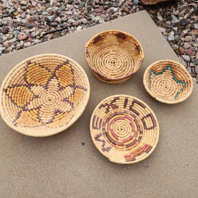 (4) Vintage Woven Baskets - Various Sizes & Designs, Round, Striped, Mexico