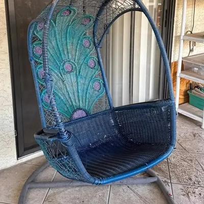 RETRO Swinging Hanging Wicker Egg Chair - Peacock Design - Navy Blue & Teal