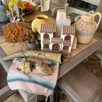 Assorted Southwest Decor - Adobe Houses, Aztec, Pots, Wood Plaque, Horn