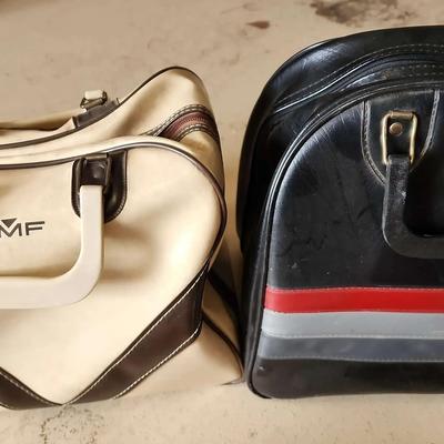 2 Vintage Leather Bowling Ball Bags - Black & Red & Silver, AMF Branded Cream w/ Brown Accents 