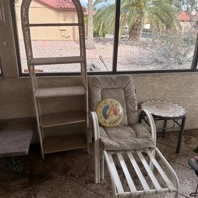 Outdoor Furniture - Wicker 5 Shelf, Patio Chair & Footrest, Metal Table With Stone Top