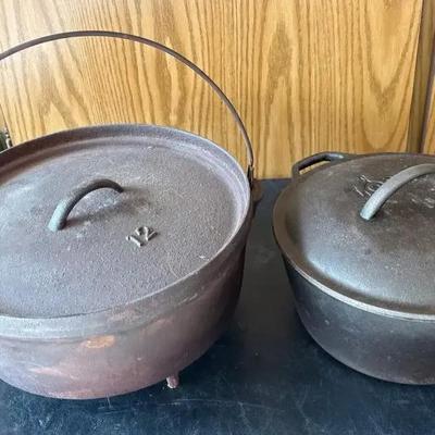 2 Cast Iron Dutch Ovens - Vintage 12 + Lodge, Cast Iron, One Lidded