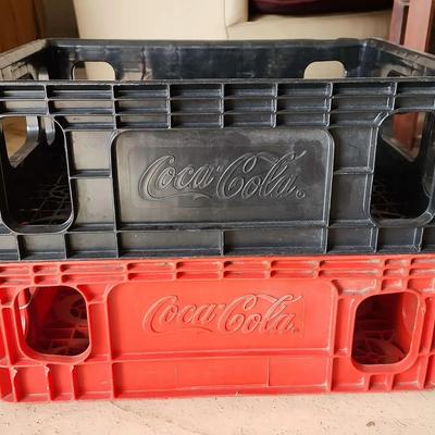 (2) Vintage Hard Plastic Coca-Cola Pop Crates - Small Glass Size, Red & Black