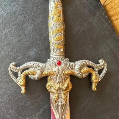 Vintage Large Metal Decorative Sword - Over 3 FT Long, Fantasy, Snakes, Red Gems