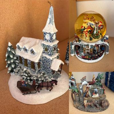 Christmas Decor- Thomas Kinkade Sunday Evening Sleigh Ride, Musical Train & Nativity Snow Globes