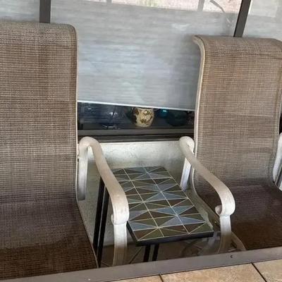 2 Bar Height Mesh Patio Chairs & Tile Top Metal Accent Table - Brown, Green, And Blue.
