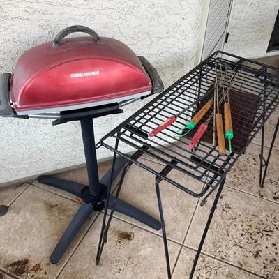 Outdoor Cooking - George Foreman Standing Grill, Metal Rack, Skewers, Camping, BBQ