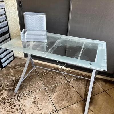 Glass Top Drafting Desk With Office Supplies - Glass Top, Metal Base, Wire Supplies
