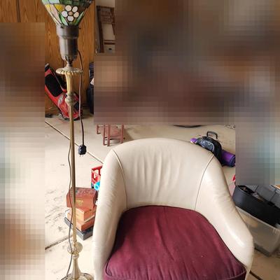 White Loeblein Creation Swivel Leather Chair & Stained Glass Floor Lamp, Flower Shade