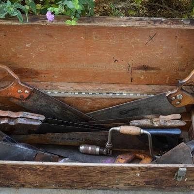 Wood tool box with hand saws planes, hand drill