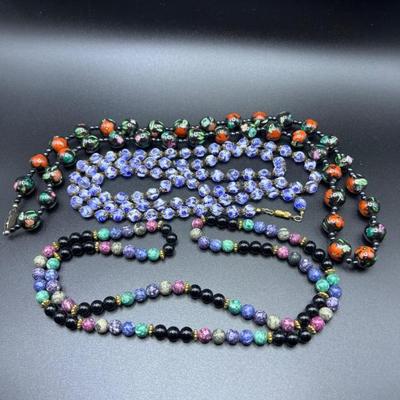 Three Vintage Beaded Necklaces – Hand‑Painted Glass, Ceramic & Marble