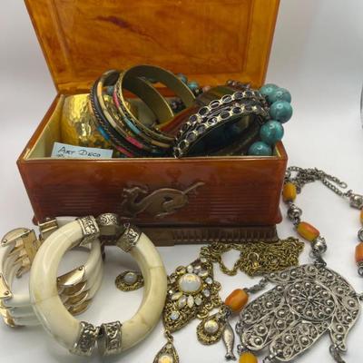 Vintage Costume Bangles & Beads: Jewelry in Amber Bakelite‑Style Box