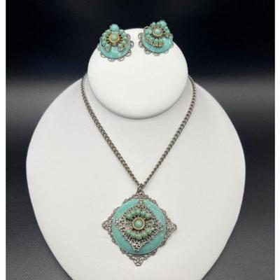 Filligree Faux Turquoise Necklace & Screwback Earrings Set