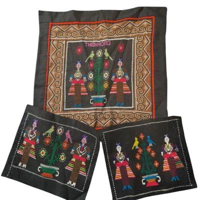Set of Hmong Embroidered Textile Panels – Traditional Figures & Floral