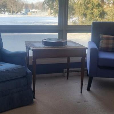 2 Blue Arm Chairs and Accent Table