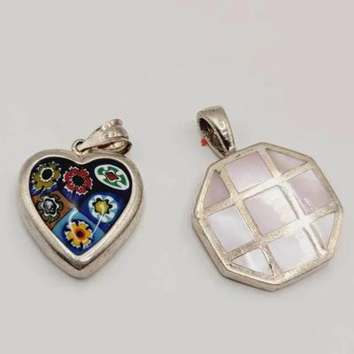 Millefiori Heart and Mother of Pearl Sterling Pendants 