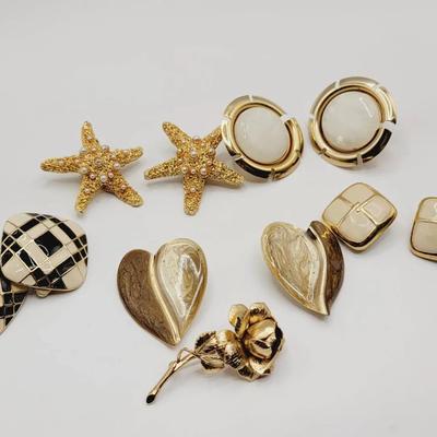 Gold Tone and Enamel Costume Jewelry Lot Including Earrings and Pin Vintage 