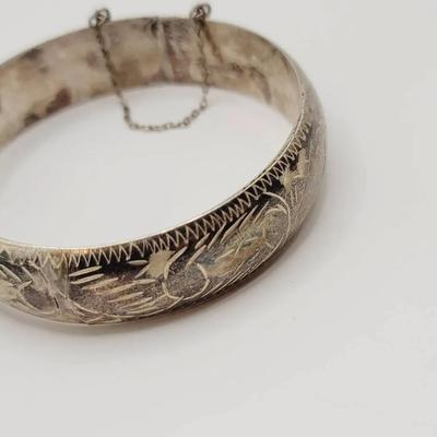 Etched Sterling Hinged Bracelet 925 Silver