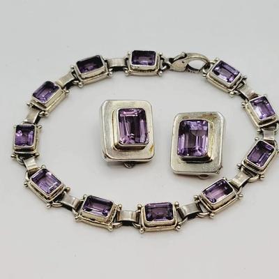 Beautiful Amethyst Sterling Earring Bracelet Set Signed 925 Silver