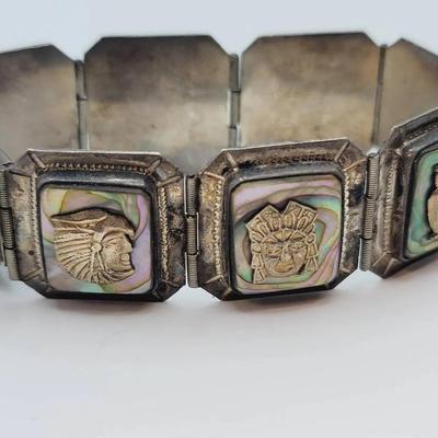 Mexico Aztec Sterling Abalone and Brass Panel Bracelet 925 Silver