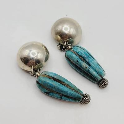 Sterling And Dyed Bone Clip Earrings Signed PLJ