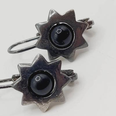 925 Sterling Onyx Earrings Celestial Sun Design Silver