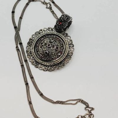 Gothic Sterling and Garnet Pendant Necklace Gorgeous 925 Silver 