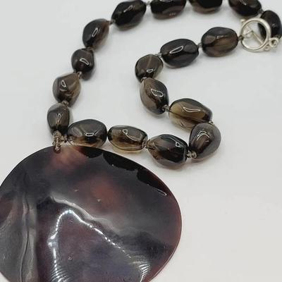 Smokey Quartz Dyed Shell Disc Necklace Boho Earthy