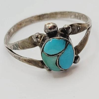 Southwest Sterling Turquoise Turtle Ring Sz 7.5-8 Unmarked