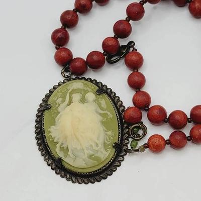 3 Grace's Green Red and Cream Cameo Necklace 