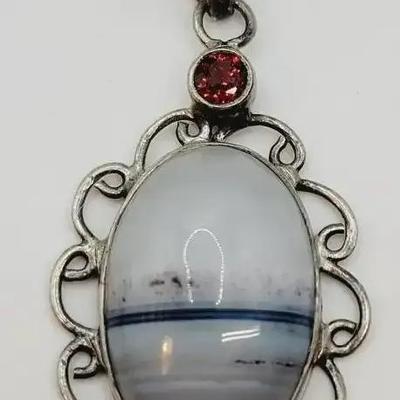 Boho Multi Gem Pendant 925 Silver Setting Red Accent Stone  Blue & Grey Focal Stone