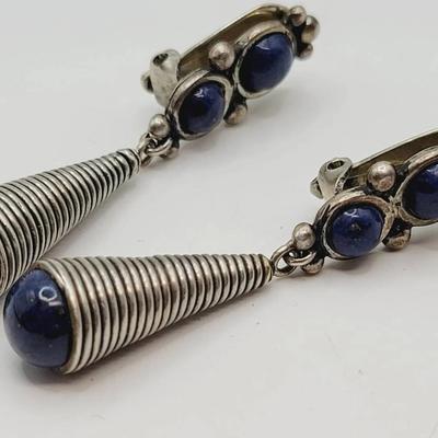 925 Lapis Industrial Modernist Clip Earrings Sterling Silver 