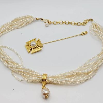 Faux Pearl Necklace and Cross Pin Gold Tone