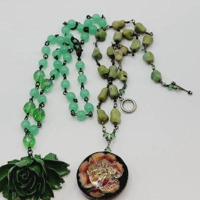 2 Pc Green Peony Rose Floral Pendant Necklaces Artisan