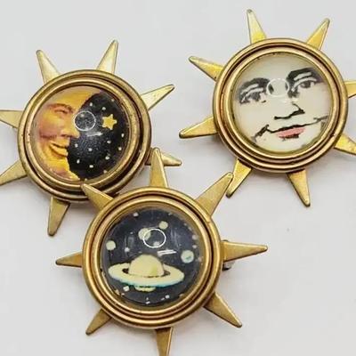 Celestial Sun Moon Planet Brooch Pin Set Vintage 