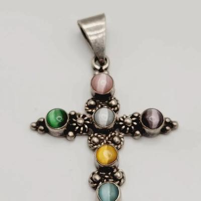 Mexico Sterling Multi Stone Cross Pendant 925 Silver Vintage 