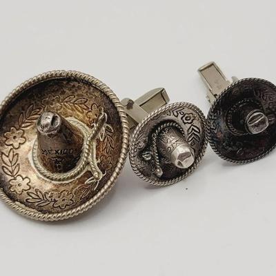 Mexico Sterling Sombrero Pin and Cufflinks 925 Silver Vintage 
