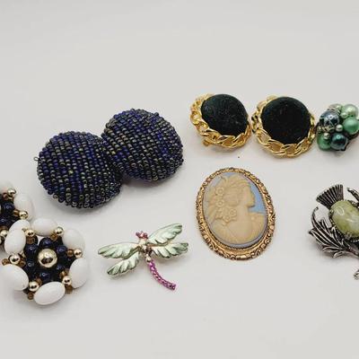 Blue and Green Costume Jewelry Collection of Earrings and Pins