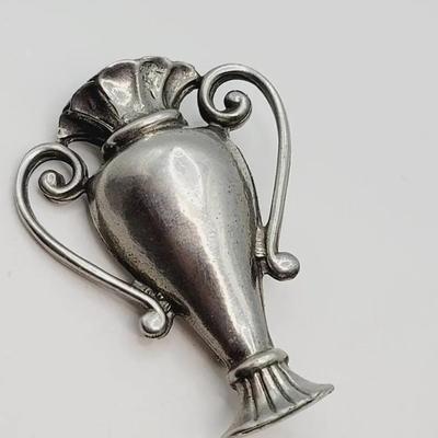 Cast Pewter Urn or Vase Pin Vintage Brooch