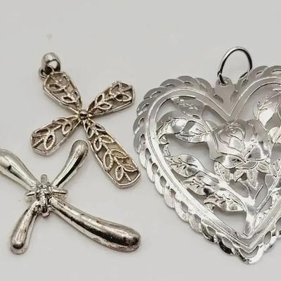 Sterling Pendants 2 Crosses and 1 Heart 3 Pc 