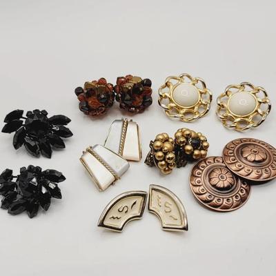 Costume Clip Earrings Lot - Vintage Dramatic Neutrals 8 Pair