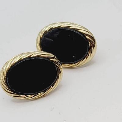14k Yellow Gold and Onyx Earrings 585 Vintage 