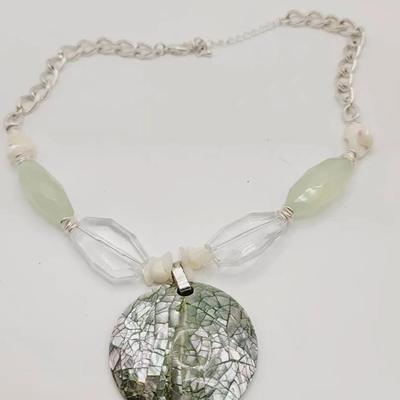 Mother of Pearl Mosaic Disc Pendant Necklace 
