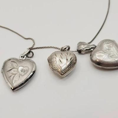 Sterling Heart Lockets with Sterling Silver Chain 925 3 Pc 