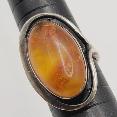 Sterling and Amber Ring Signed Sz 7 Vintage 