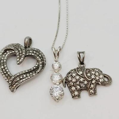 Sterling Pendants and Chain | 3 Stone Pendant Heart Elephant - 3 Pendants + Chain