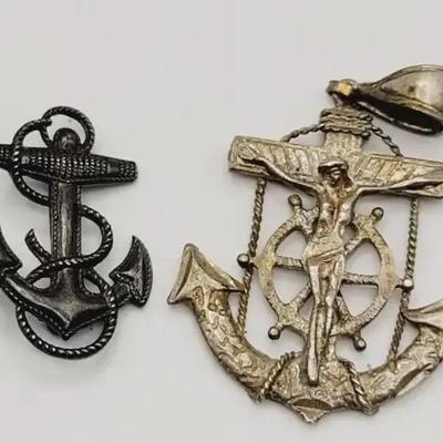 Sterling Navy Anchor Pin and Pendant 2 Pc 