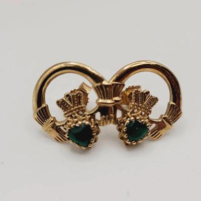 10k Yellow Gold 375 Emerald Claddagh Earrings 