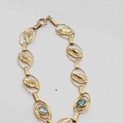 10k Yellow Gold with Blue Stone and Leaf Link Bracelet circa 1940s